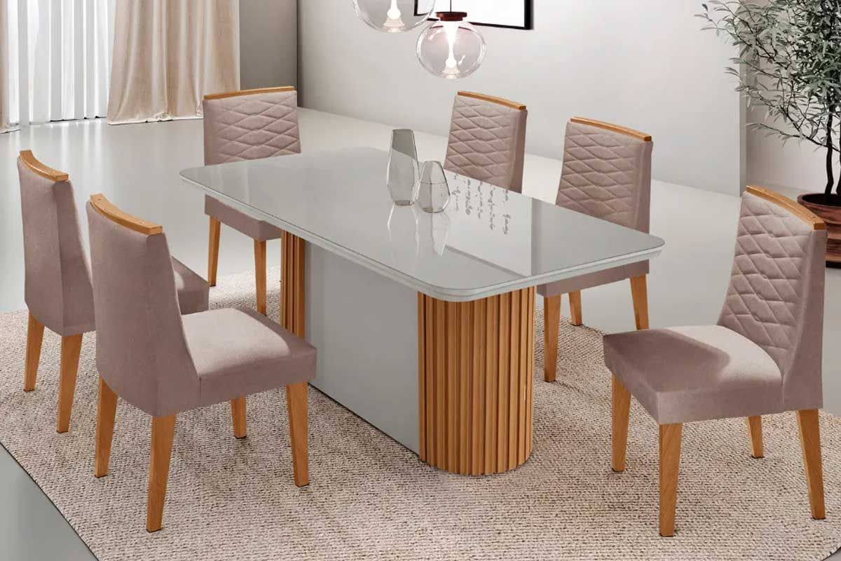 Sala Jantar Mesa Pilar Curvo 180cm + 6 Cadeiras Maldivas Madeira - Rufato