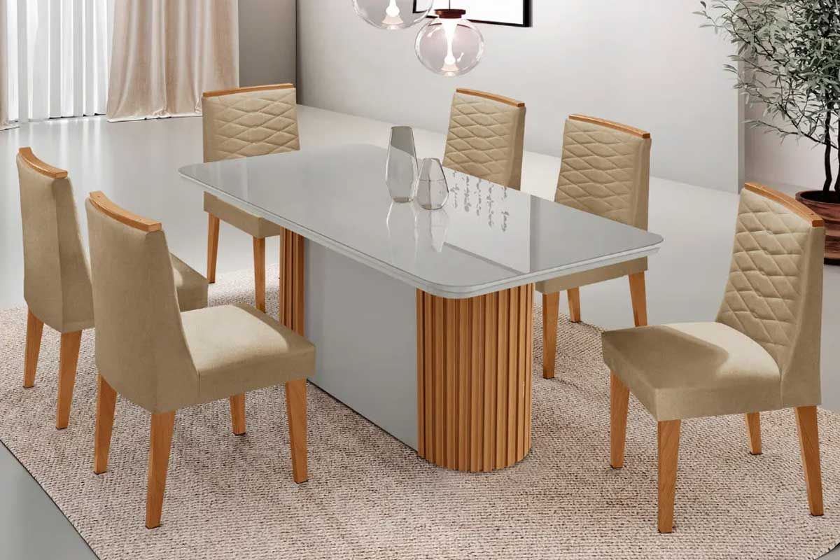 Sala Jantar Mesa Pilar Curvo 180cm + 6 Cadeiras Maldivas Madeira - Rufato
