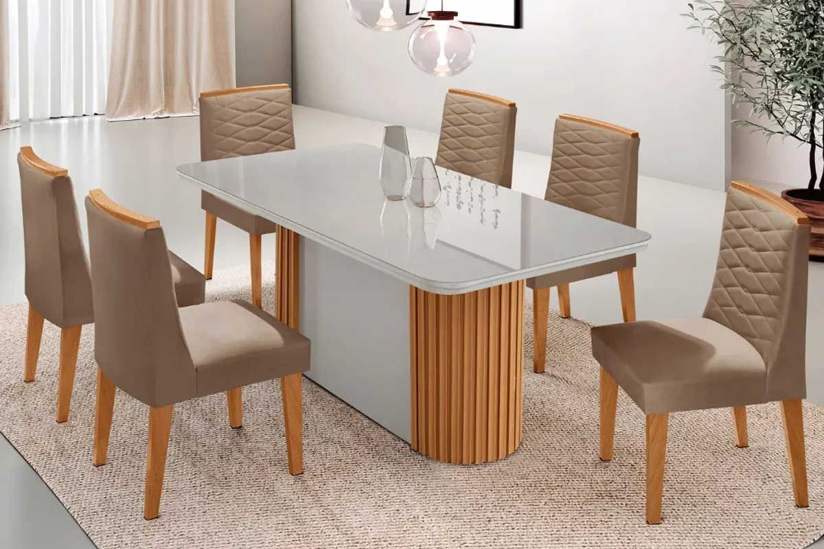 Sala Jantar Mesa Pilar Curvo 180cm + 6 Cadeiras Maldivas Madeira - Rufato