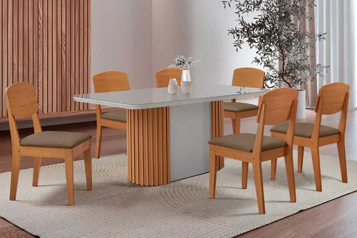 Sala Jantar Mesa Pilar c/ Tampo Madeirado c/ Vidro Canto Curvo 180x90cm e 6 Cadeiras Havana - Rufato