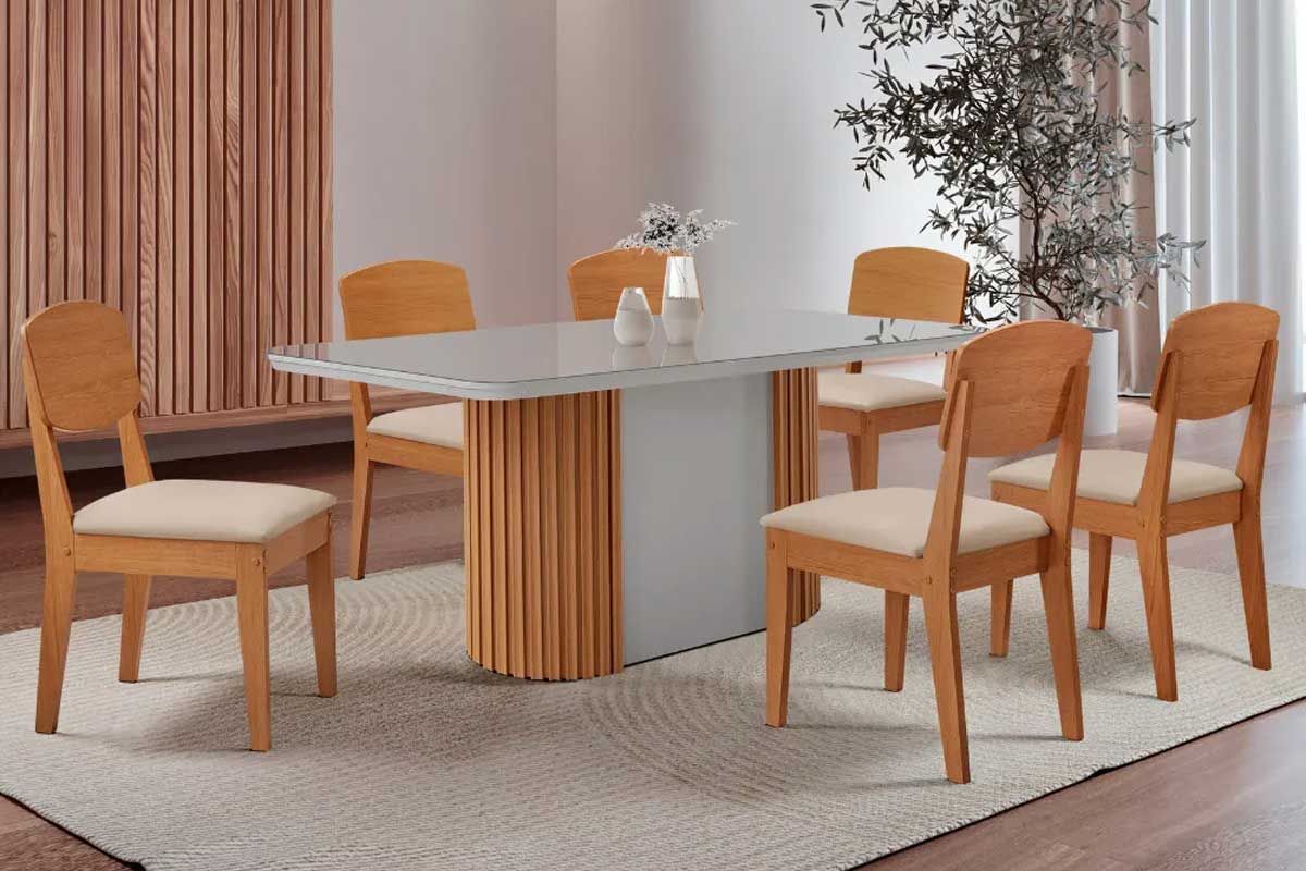 Sala Jantar Mesa Pilar c/ Tampo Madeirado c/ Vidro Canto Curvo 180x90cm e 6 Cadeiras Havana - Rufato