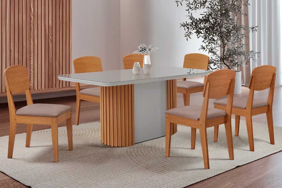 Sala Jantar Mesa Pilar c/ Tampo Madeirado c/ Vidro Canto Curvo 180x90cm e 6 Cadeiras Havana - Rufato