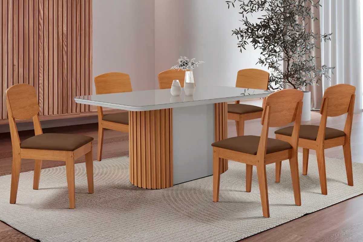 Sala Jantar Mesa Pilar c/ Tampo Madeirado c/ Vidro Canto Curvo 180x90cm e 6 Cadeiras Havana - Rufato