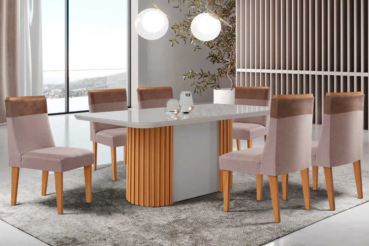 Sala Jantar Mesa Pilar Curvo 180cm + 6 Cadeiras Jaspe Madeira - Rufato