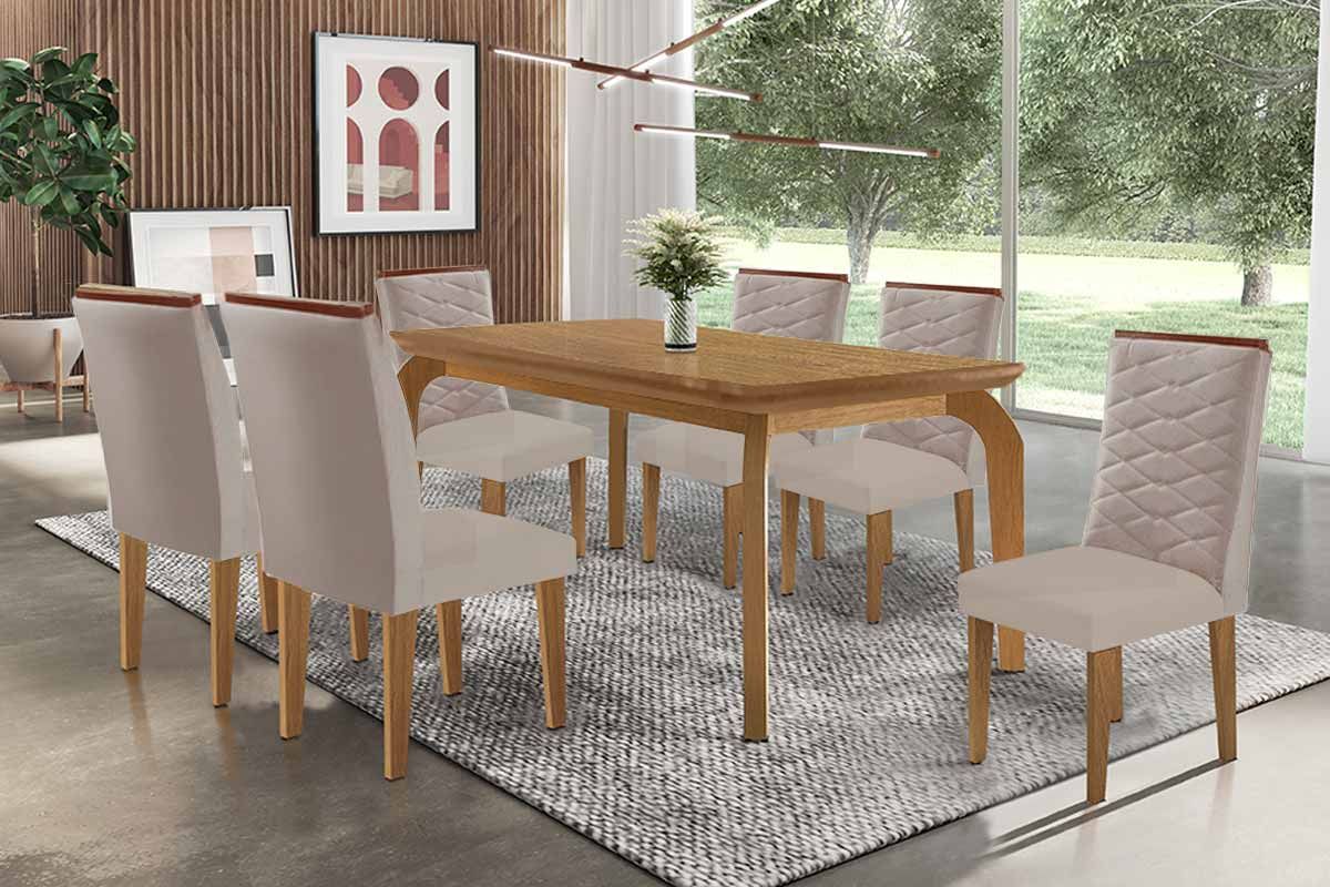 Sala Jantar Mesa Londrina c/ Tampo Madeirado Canto Curvo 180x90cm e 6 Cadeiras Maldivas - Rufato