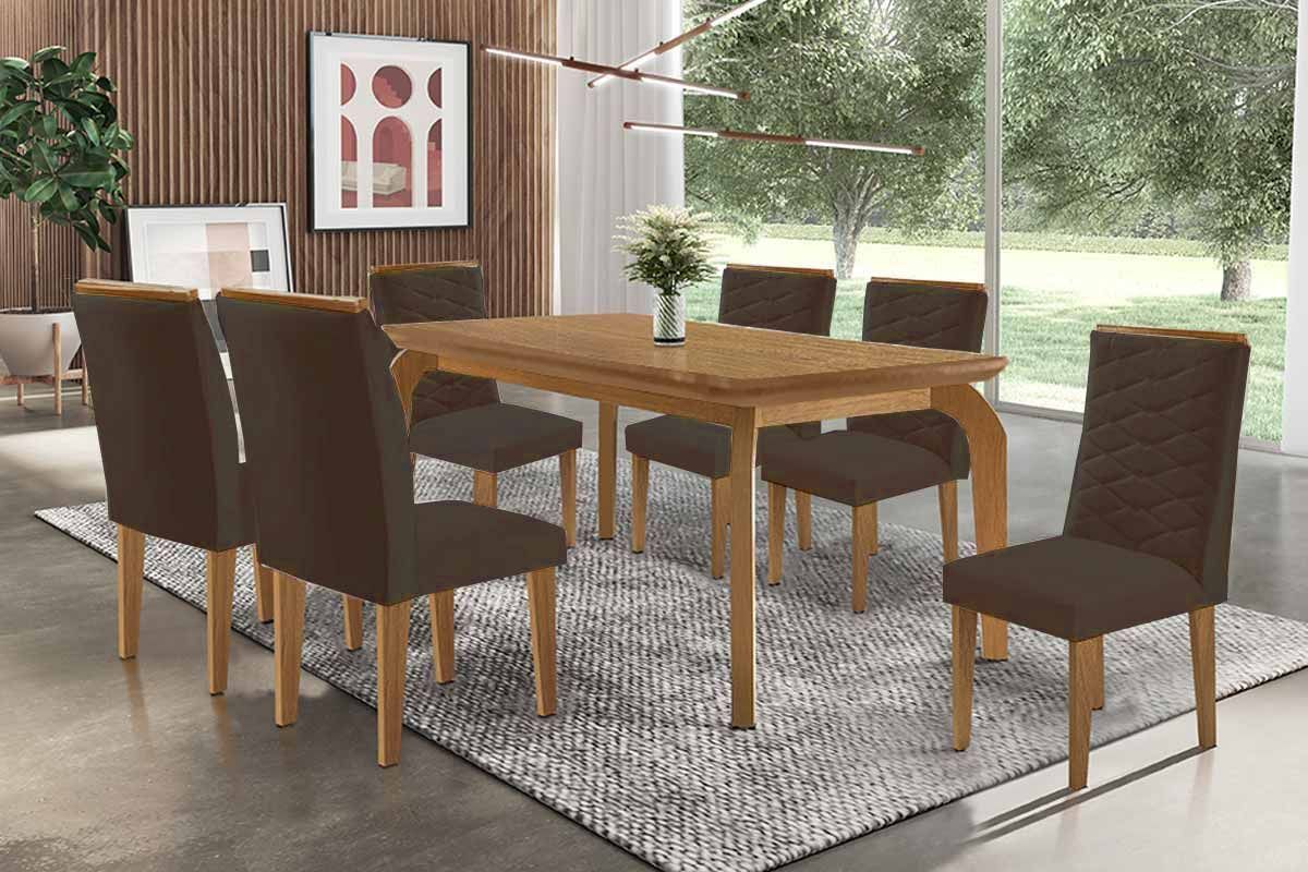 Sala Jantar Mesa Londrina c/ Tampo Madeirado Canto Curvo 180x90cm e 6 Cadeiras Maldivas - Rufato