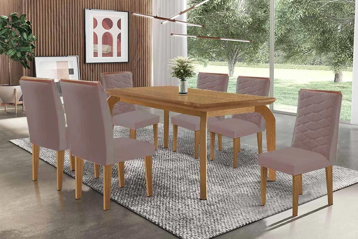 Sala Jantar Mesa Londrina c/ Tampo Madeirado Canto Curvo 180x90cm e 6 Cadeiras Maldivas - Rufato