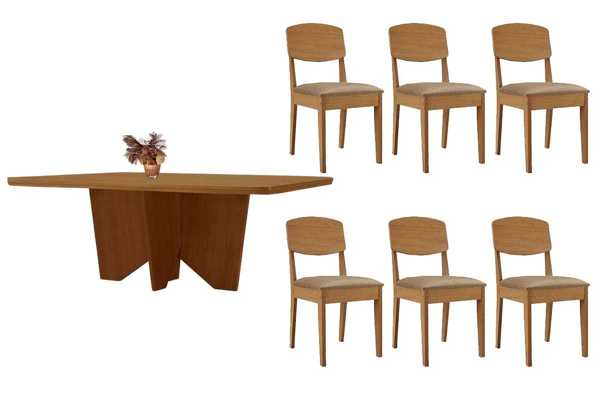 Sala Jantar Mesa Nevada c/ Tampo Madeirado Canto Curvo 180x90cm e 6 Cadeiras Havana - Rufato
