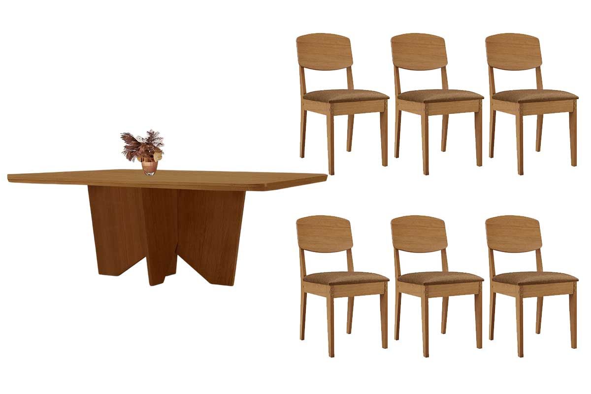 Sala Jantar Mesa Nevada c/ Tampo Madeirado Canto Curvo 180x90cm e 6 Cadeiras Havana - Rufato