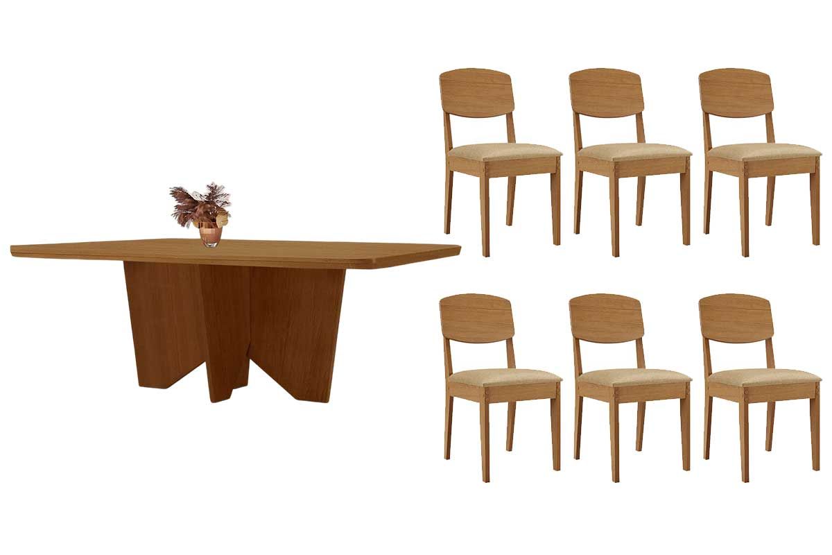 Sala Jantar Mesa Nevada c/ Tampo Madeirado Canto Curvo 180x90cm e 6 Cadeiras Havana - Rufato