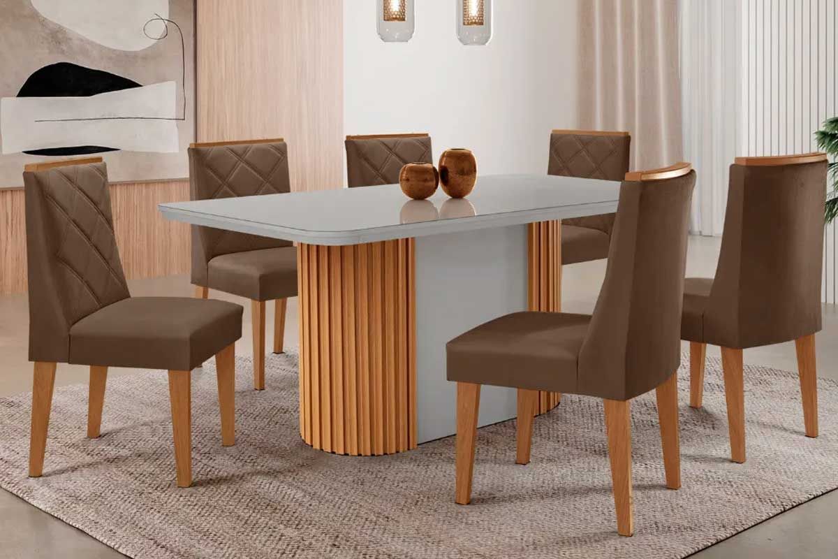 Sala Jantar Mesa Pilar Curvo 180cm + 6 Cadeiras Pietá Madeira - Rufato