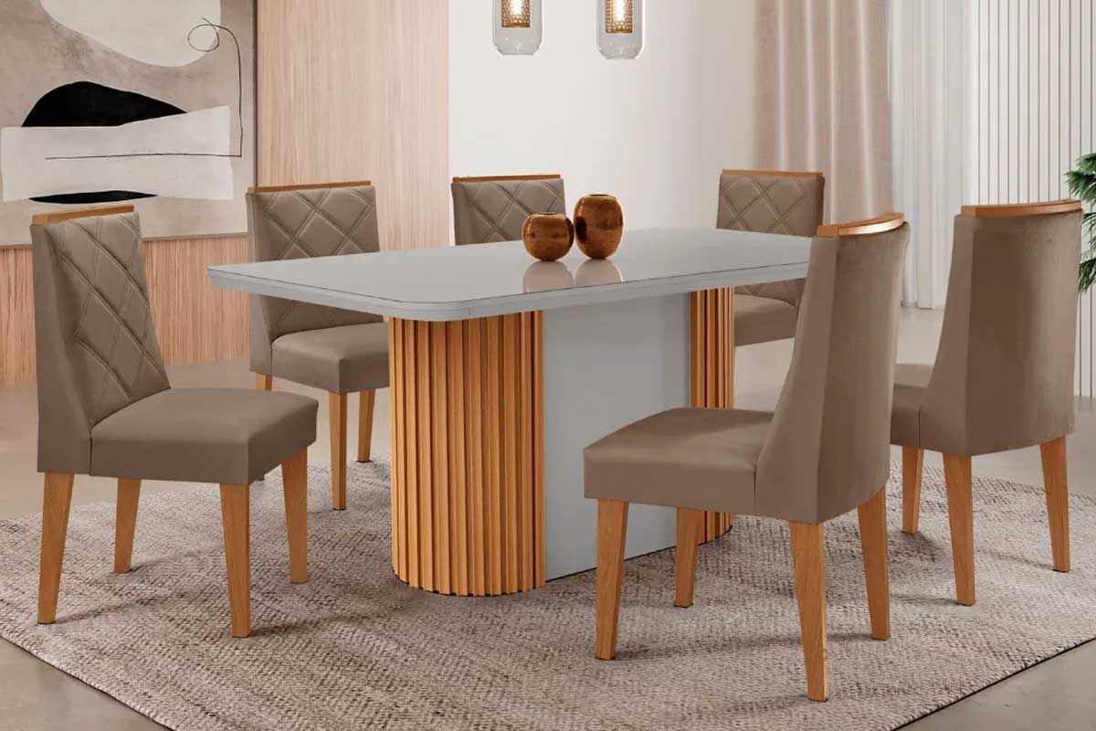 Sala Jantar Mesa Pilar Curvo 180cm + 6 Cadeiras Pietá Madeira - Rufato