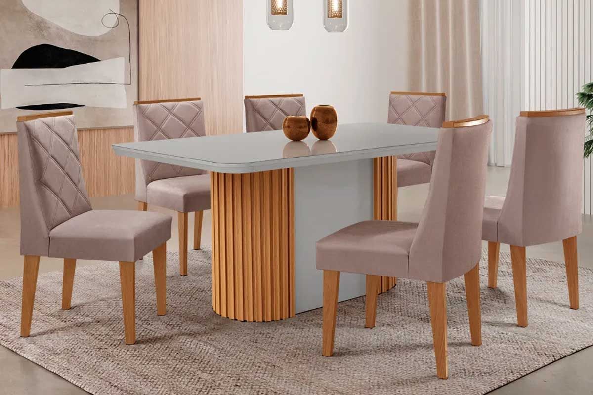 Sala Jantar Mesa Pilar Curvo 180cm + 6 Cadeiras Pietá Madeira - Rufato