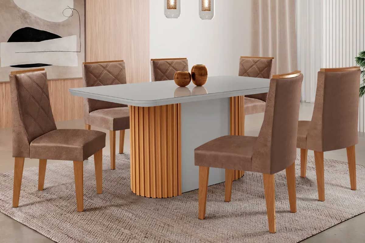 Sala Jantar Mesa Pilar Curvo 180cm + 6 Cadeiras Pietá Madeira - Rufato