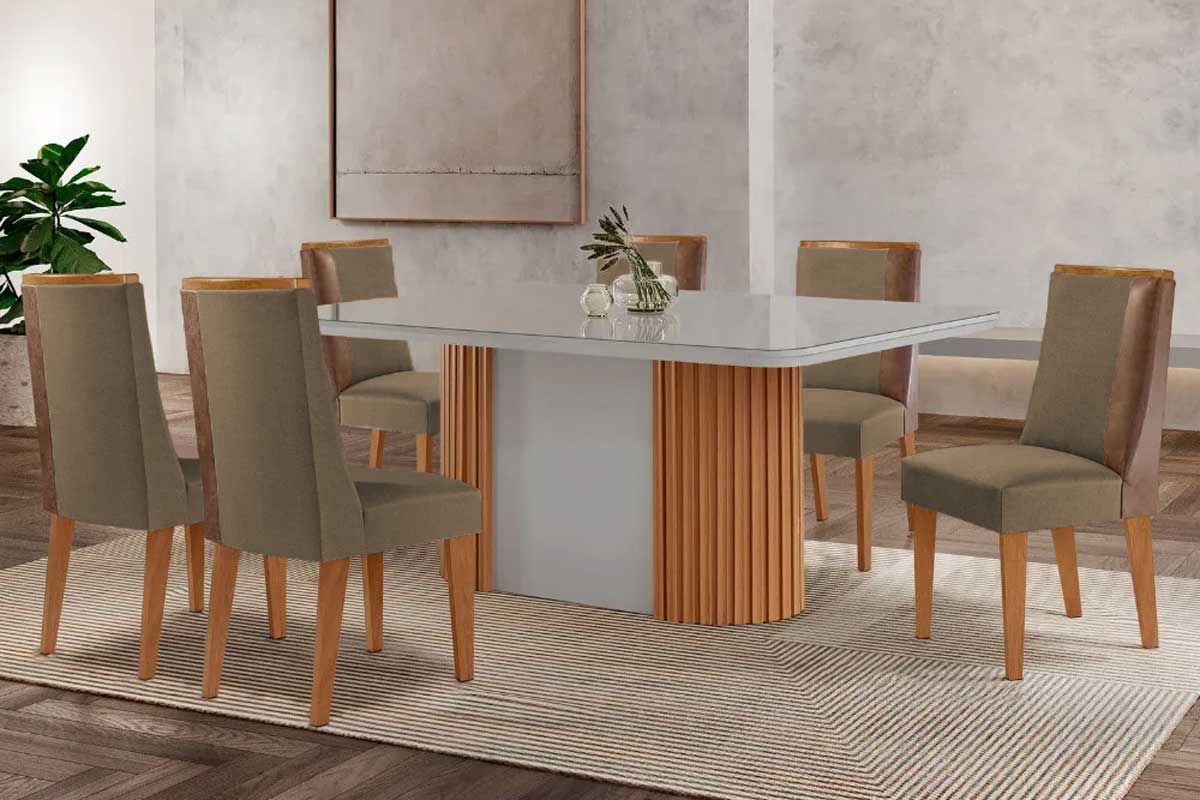 Sala Jantar Mesa Pilar Curvo 180cm + 6 Cadeiras Tilia Madeira - Rufato