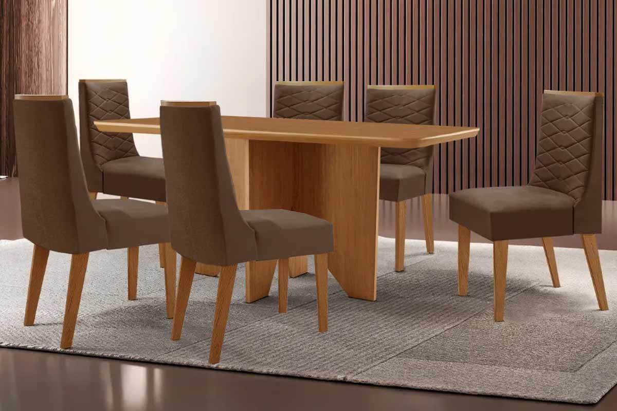 Sala Jantar Mesa Nevada c/ Tampo Madeirado Canto Curvo 180x90cm e 6 Cadeiras Maldivas - Rufato