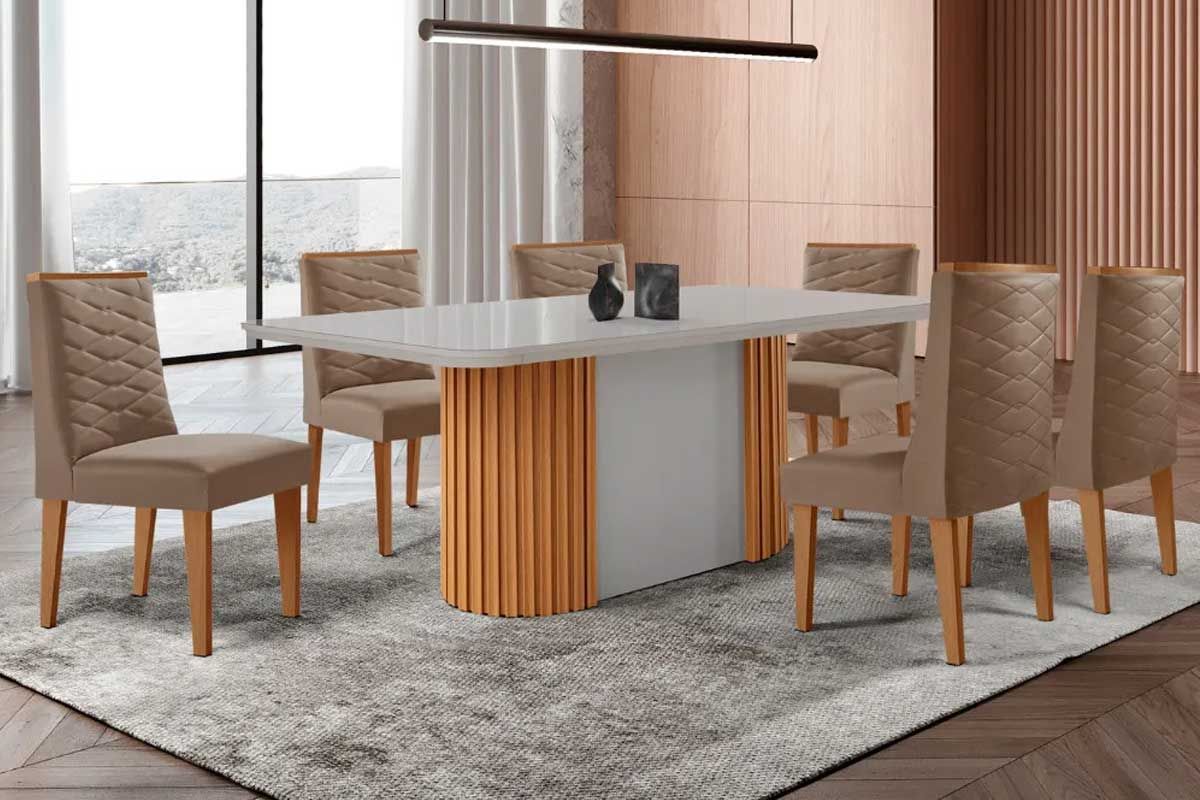 Sala Jantar Mesa Pilar Curvo 180cm + 6 Cadeiras Dafne Madeira - Rufato