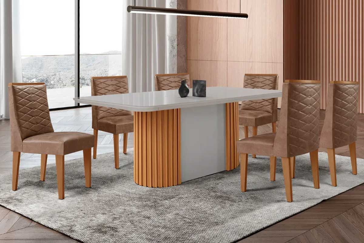 Sala Jantar Mesa Pilar Curvo 180cm + 6 Cadeiras Dafne Madeira - Rufato
