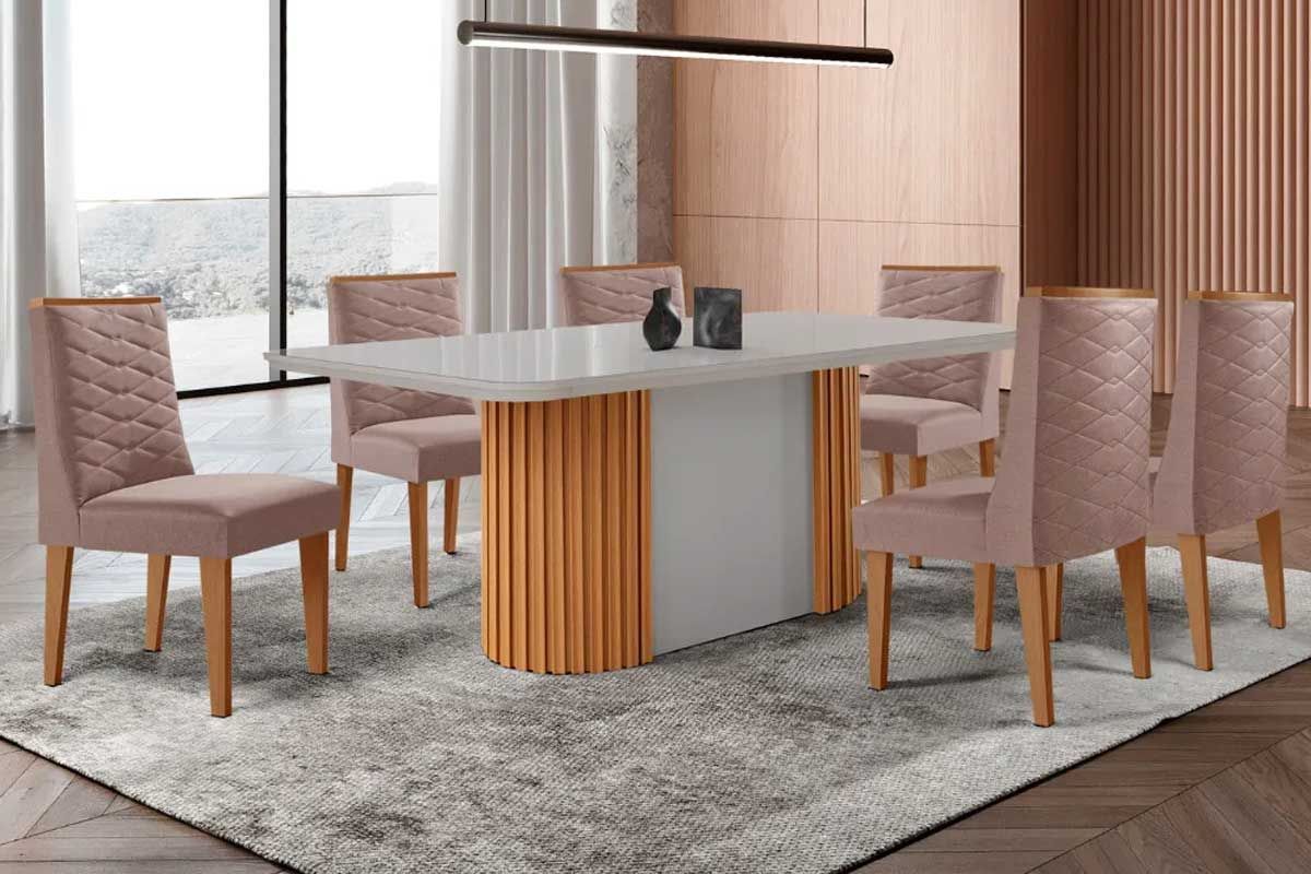 Sala Jantar Mesa Pilar Curvo 180cm + 6 Cadeiras Dafne Madeira - Rufato