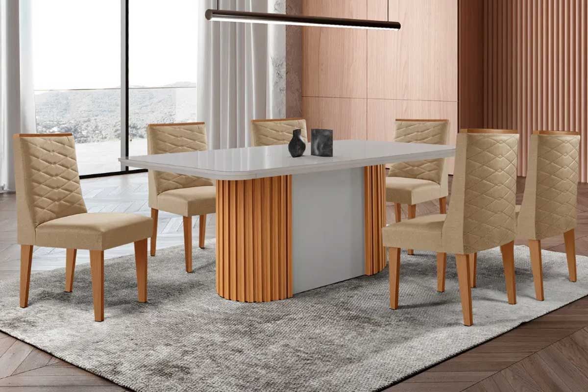 Sala Jantar Mesa Pilar Curvo 180cm + 6 Cadeiras Dafne Madeira - Rufato