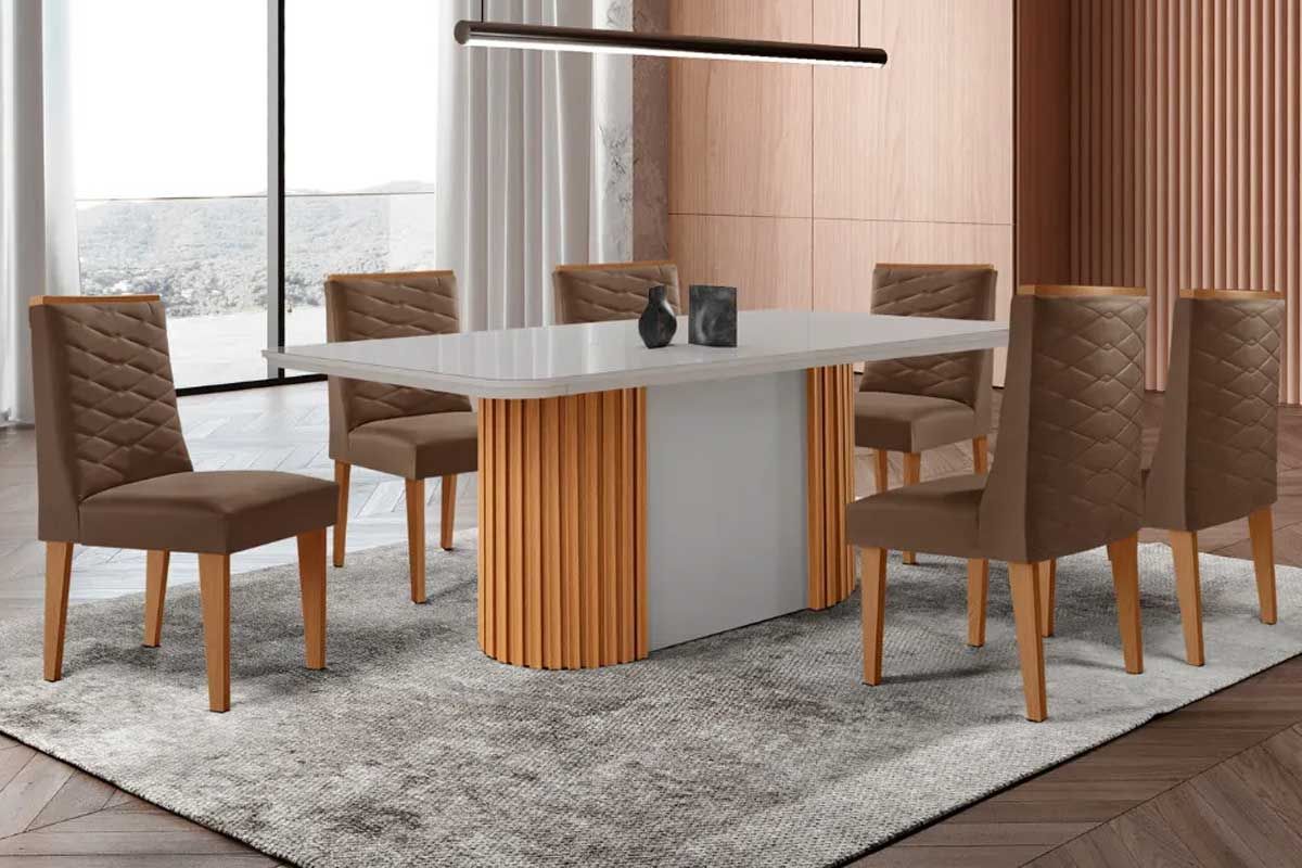 Sala Jantar Mesa Pilar Curvo 180cm + 6 Cadeiras Dafne Madeira - Rufato