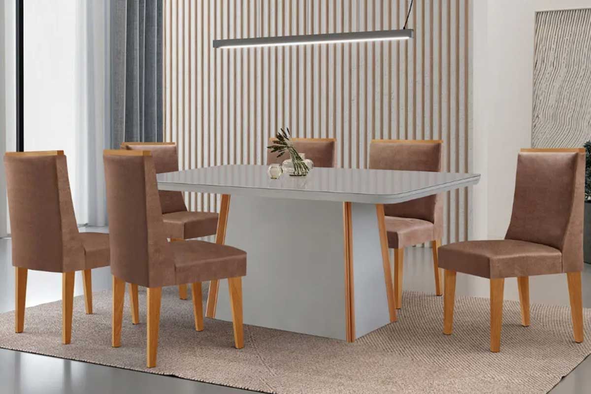 Sala Jantar Mesa Tilia Curvo 180cm + 6 Cadeiras Dakota Madeira - Rufato