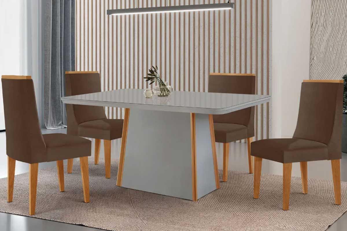 Sala Jantar Mesa Tilia Curvo 120cm + 4 Cadeiras Dakota Madeira - Rufato
