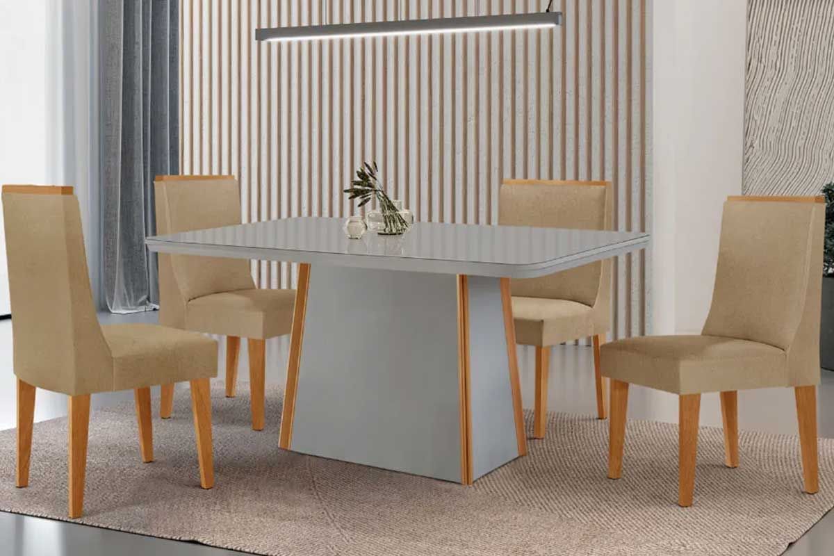 Sala Jantar Mesa Tilia Curvo 120cm + 4 Cadeiras Dakota Madeira - Rufato