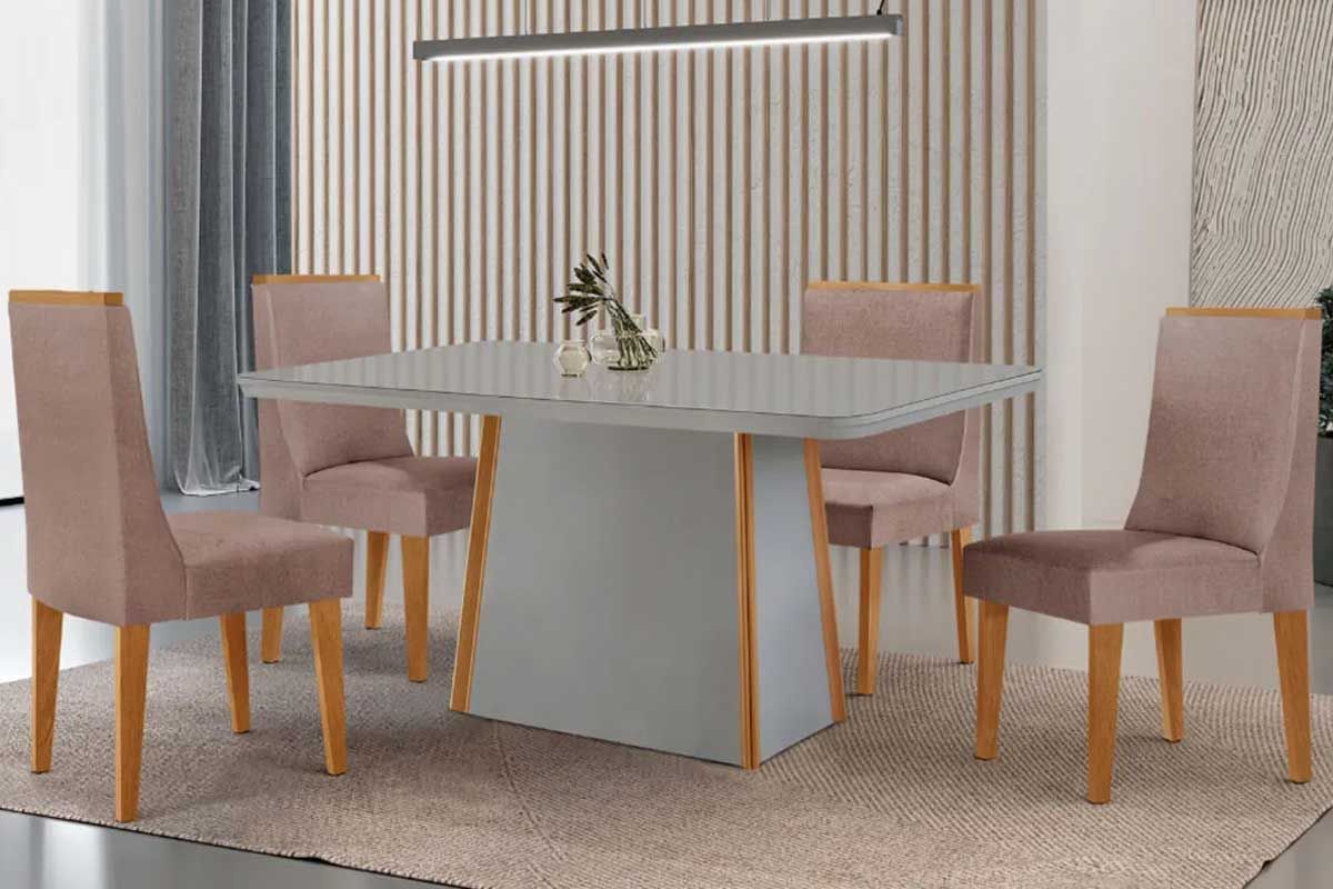 Sala Jantar Mesa Tilia Curvo 120cm + 4 Cadeiras Dakota Madeira - Rufato
