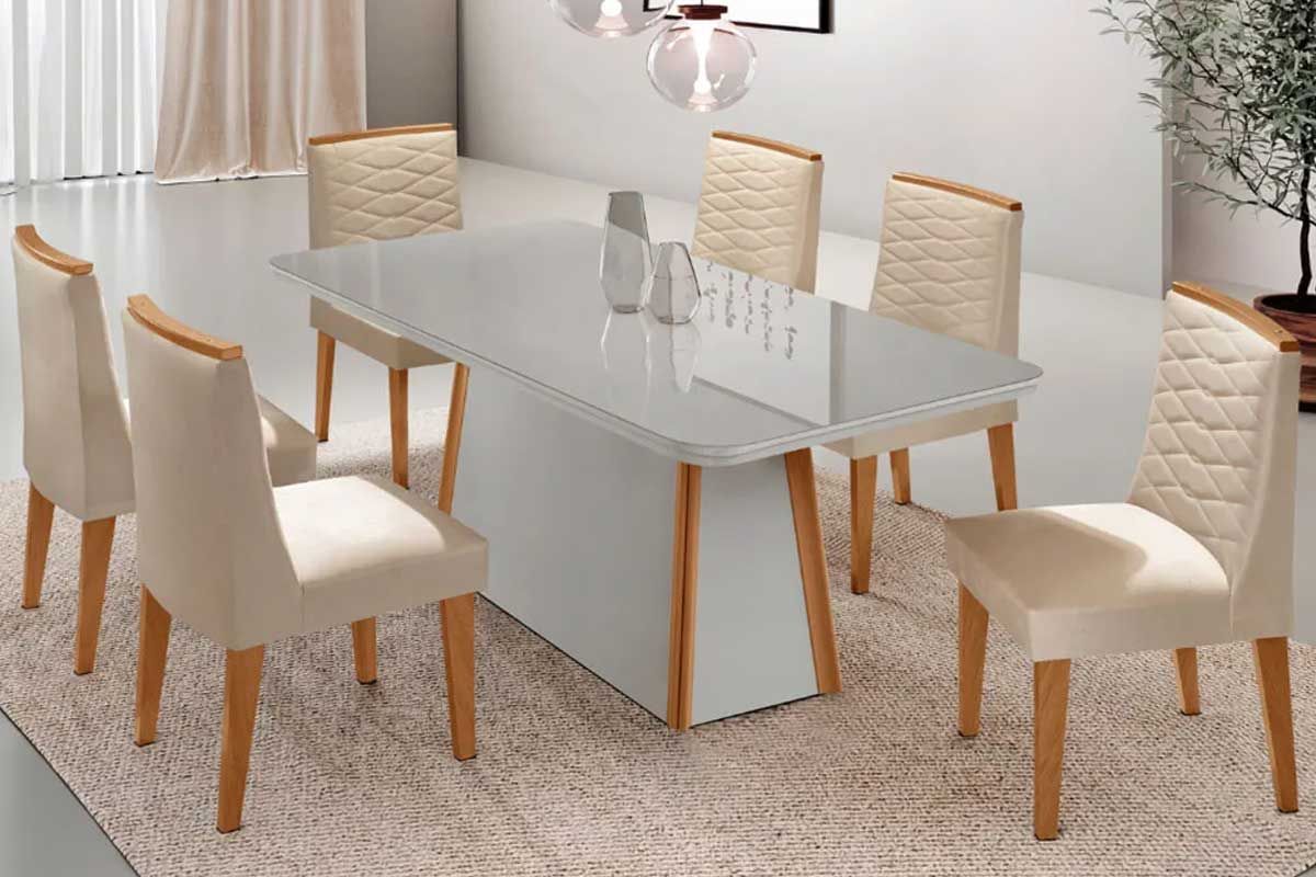 Sala Jantar Mesa Tilia Curvo 180cm + 6 Cadeiras Maldivas Madeira - Rufato