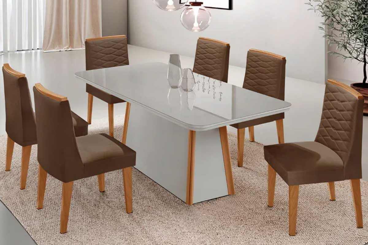 Sala Jantar Mesa Tilia Curvo 180cm + 6 Cadeiras Maldivas Madeira - Rufato