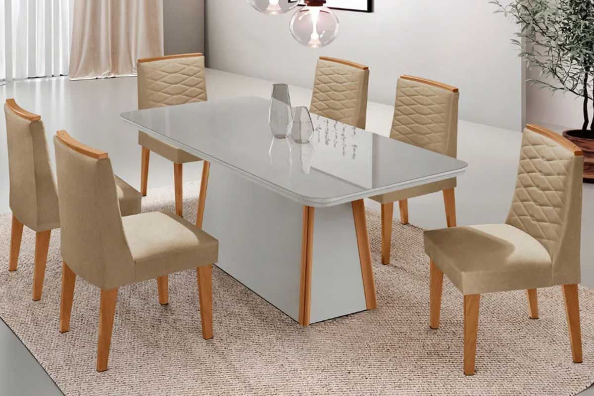 Sala Jantar Mesa Tilia Curvo 180cm + 6 Cadeiras Maldivas Madeira - Rufato