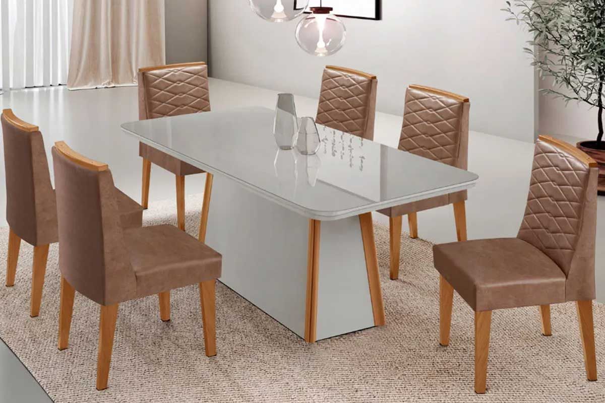 Sala Jantar Mesa Tilia Curvo 180cm + 6 Cadeiras Maldivas Madeira - Rufato