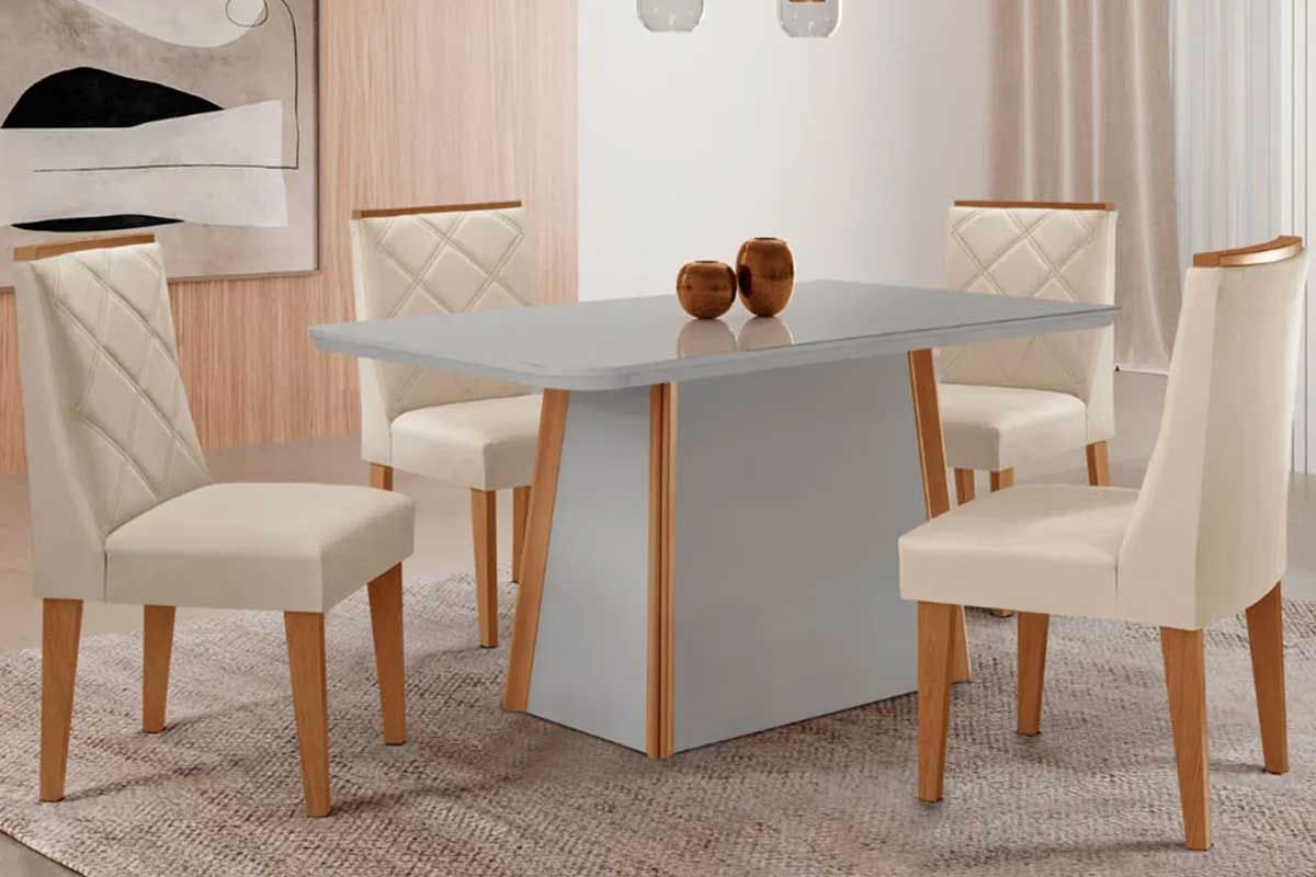 Sala Jantar Mesa Tilia Curvo 120cm + 4 Cadeiras Pietá Madeira - Rufato