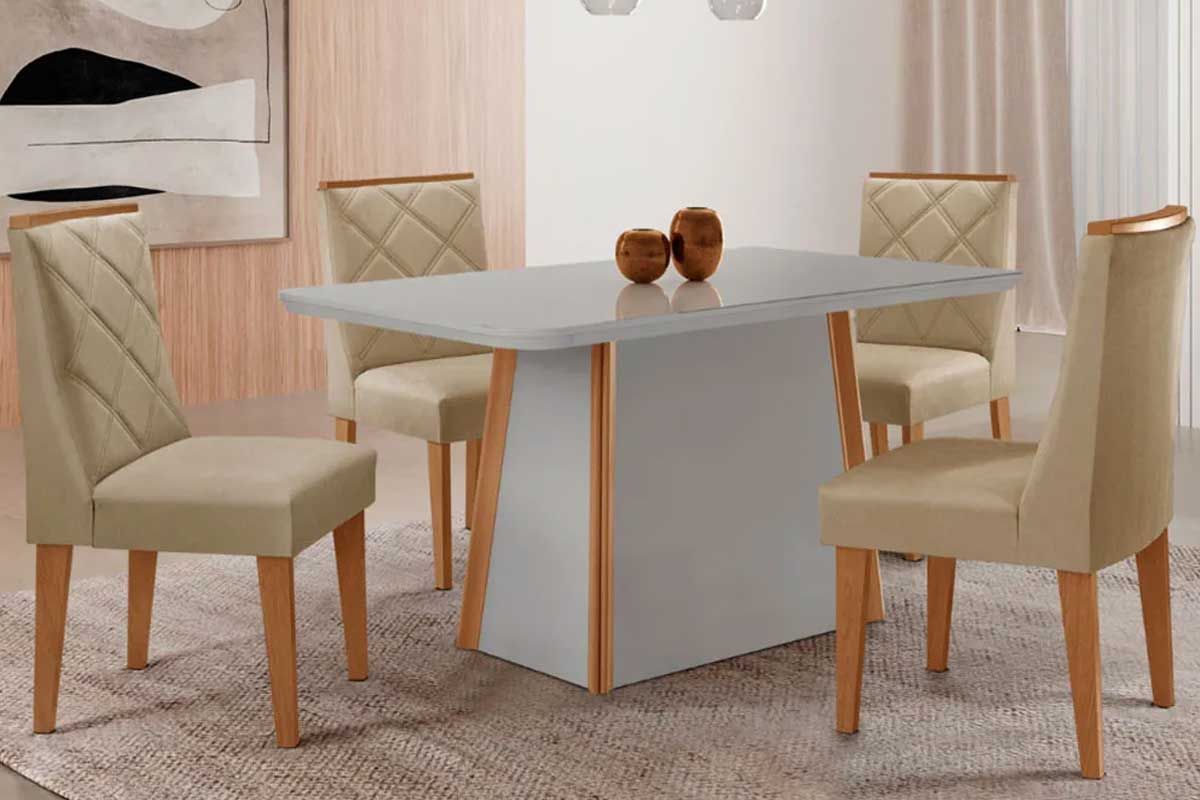 Sala Jantar Mesa Tilia Curvo 120cm + 4 Cadeiras Pietá Madeira - Rufato