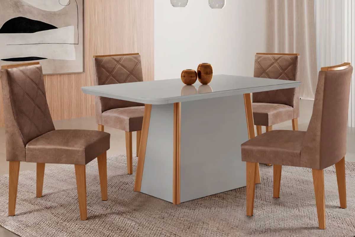 Sala Jantar Mesa Tilia Curvo 120cm + 4 Cadeiras Pietá Madeira - Rufato