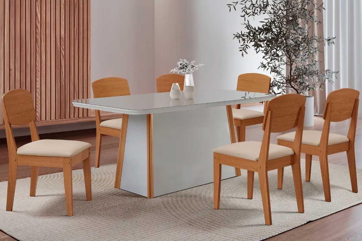 Sala Jantar Mesa Tilia c/ Tampo Madeirado c/ Vidro Canto Curvo 180x90cm e 6 Cadeiras Havana - Rufato