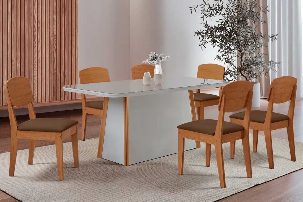 Sala Jantar Mesa Tilia c/ Tampo Madeirado c/ Vidro Canto Curvo 180x90cm e 6 Cadeiras Havana - Rufato