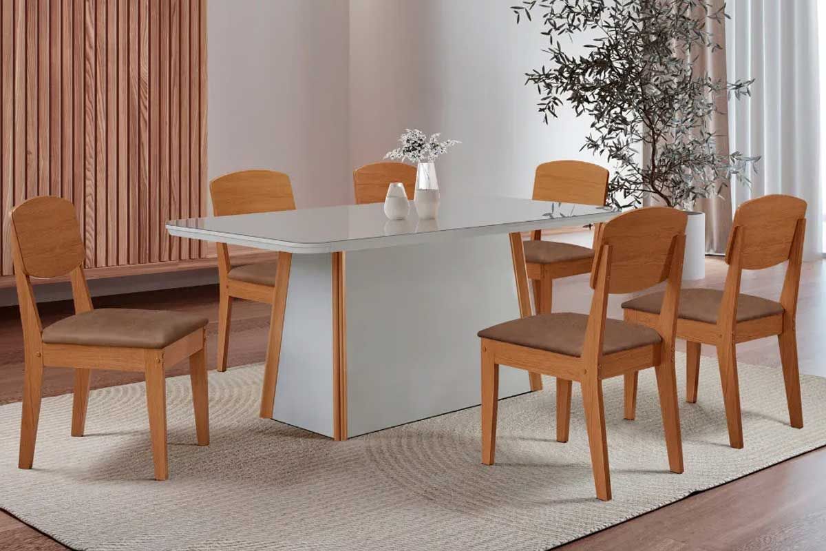 Sala Jantar Mesa Tilia c/ Tampo Madeirado c/ Vidro Canto Curvo 180x90cm e 6 Cadeiras Havana - Rufato