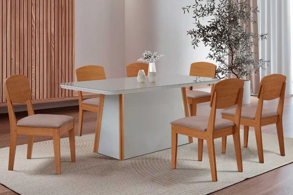 Sala Jantar Mesa Tilia c/ Tampo Madeirado c/ Vidro Canto Curvo 180x90cm e 6 Cadeiras Havana - Rufato