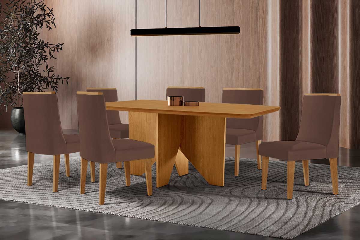 Sala Jantar Mesa Nevada c/ Tampo Madeirado Canto Curvo 180x90cm e 6 Cadeiras Dakota - Rufato