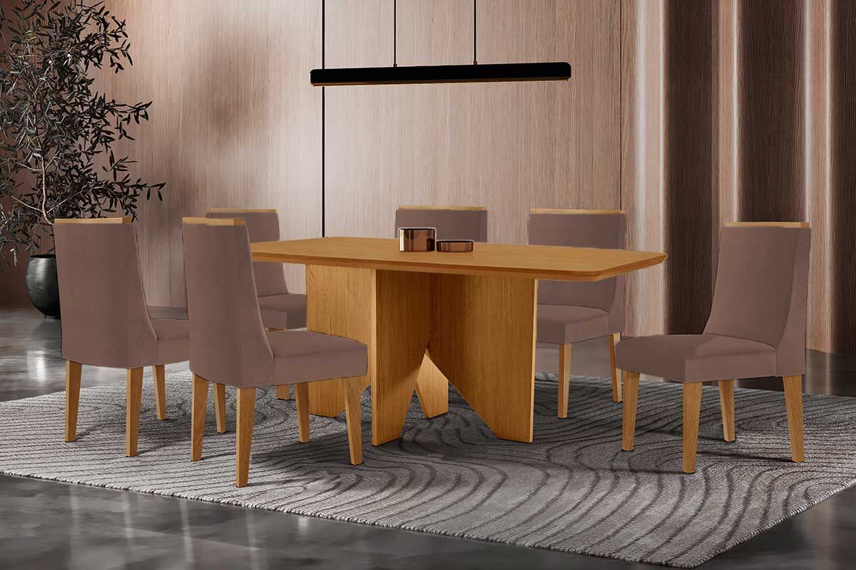 Sala Jantar Mesa Nevada c/ Tampo Madeirado Canto Curvo 180x90cm e 6 Cadeiras Dakota - Rufato