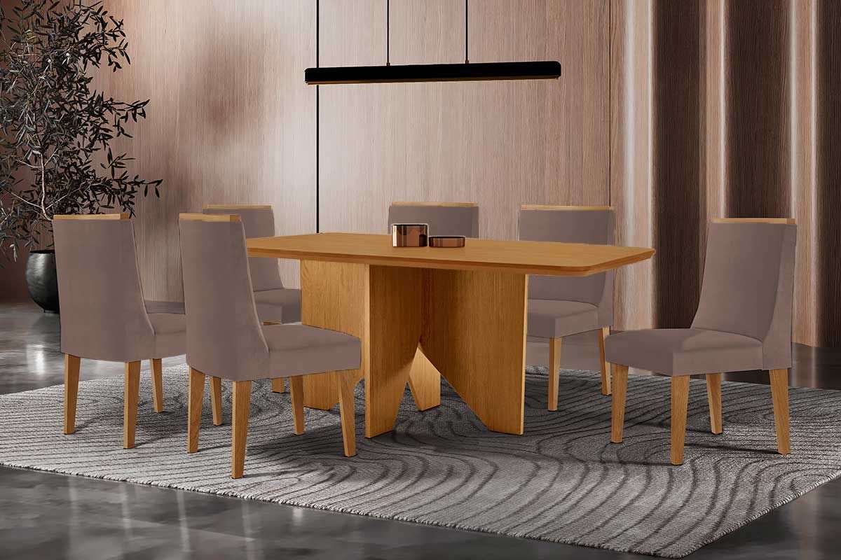 Sala Jantar Mesa Nevada c/ Tampo Madeirado Canto Curvo 180x90cm e 6 Cadeiras Dakota - Rufato