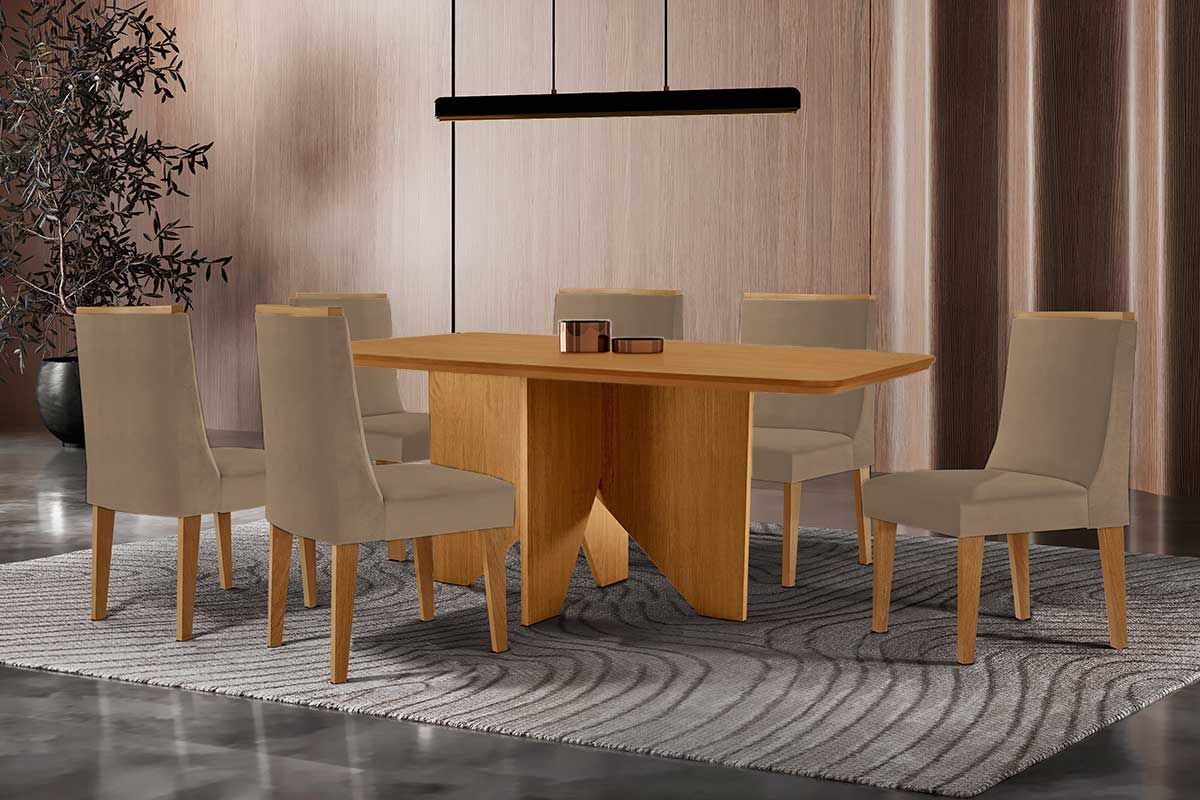 Sala Jantar Mesa Nevada c/ Tampo Madeirado Canto Curvo 180x90cm e 6 Cadeiras Dakota - Rufato