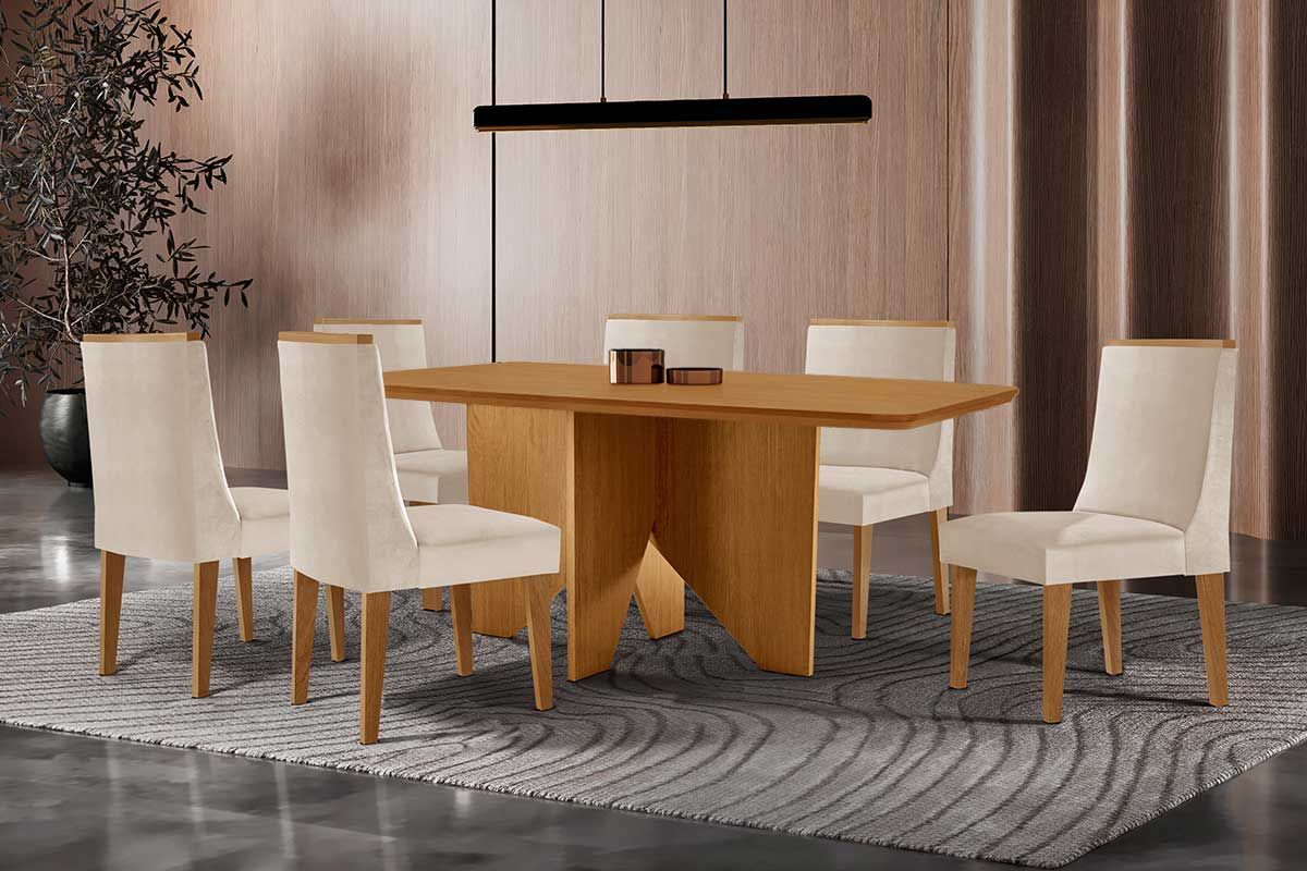 Sala Jantar Mesa Nevada c/ Tampo Madeirado Canto Curvo 180x90cm e 6 Cadeiras Dakota - Rufato