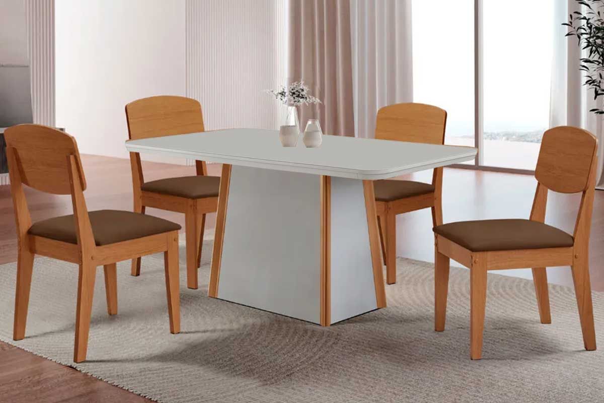 Sala Jantar Mesa Tilia c/ Tampo Madeirado c/ Vidro Canto Curvo 120x80cm e 4 Cadeiras Havana - Rufato