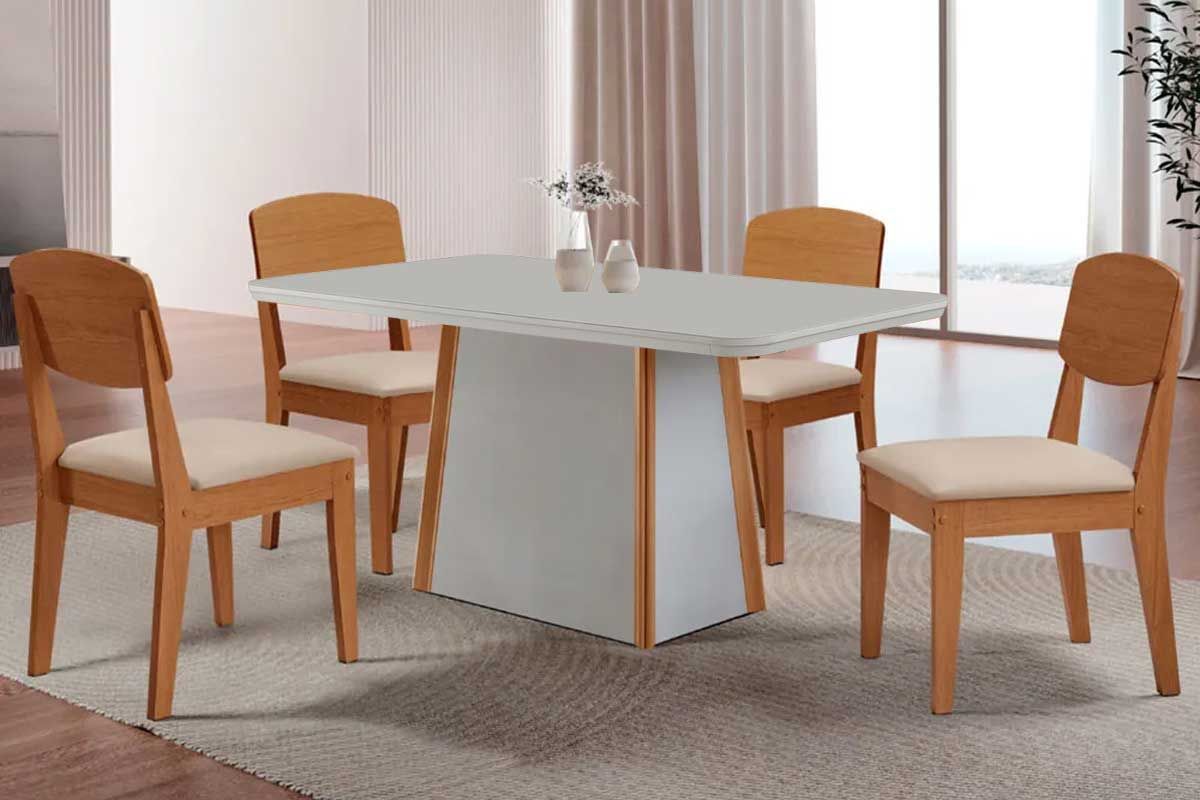 Sala Jantar Mesa Tilia c/ Tampo Madeirado c/ Vidro Canto Curvo 120x80cm e 4 Cadeiras Havana - Rufato