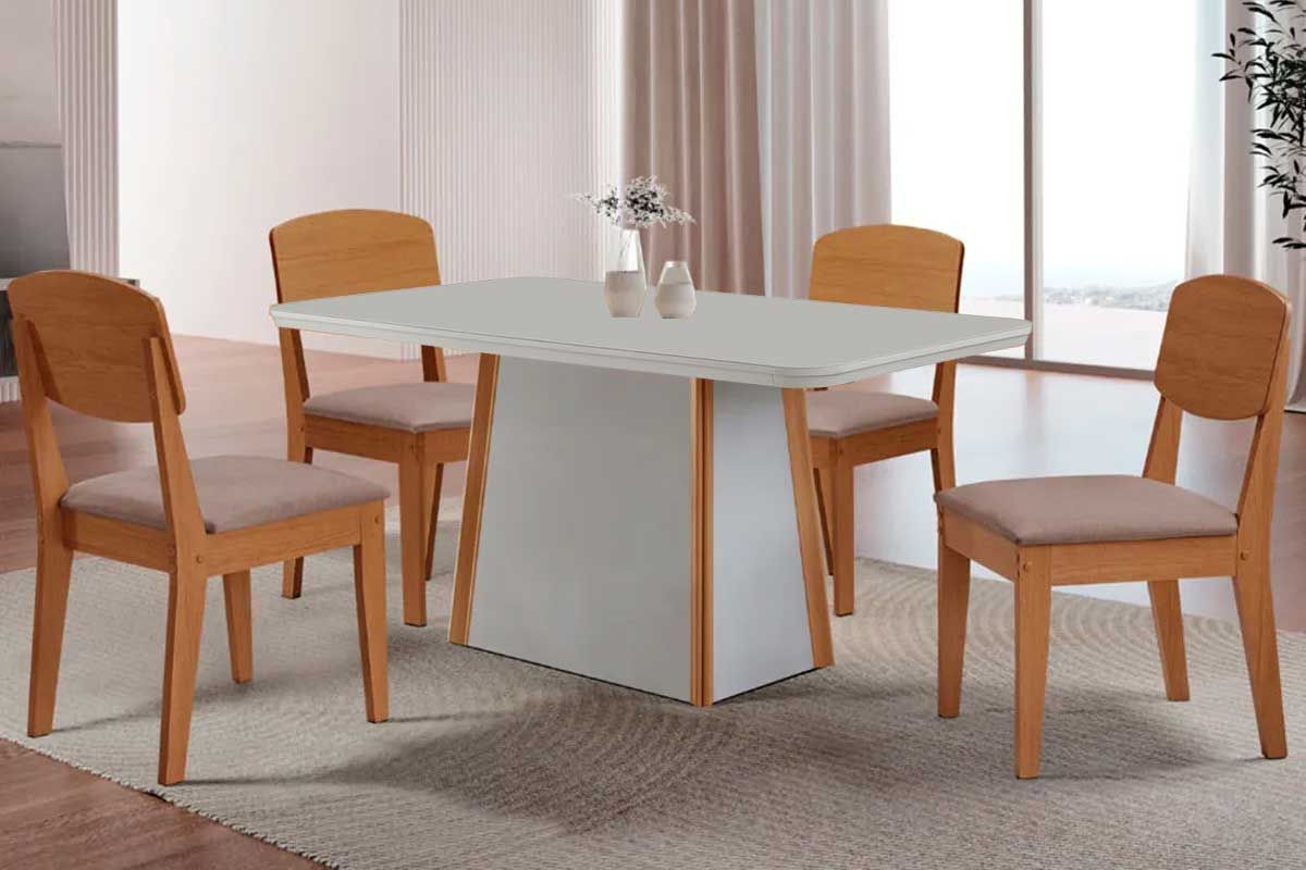 Sala Jantar Mesa Tilia c/ Tampo Madeirado c/ Vidro Canto Curvo 120x80cm e 4 Cadeiras Havana - Rufato