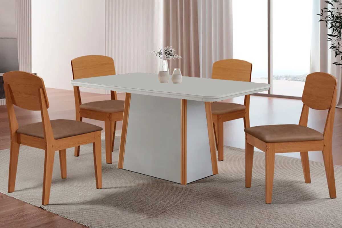 Sala Jantar Mesa Tilia c/ Tampo Madeirado c/ Vidro Canto Curvo 120x80cm e 4 Cadeiras Havana - Rufato