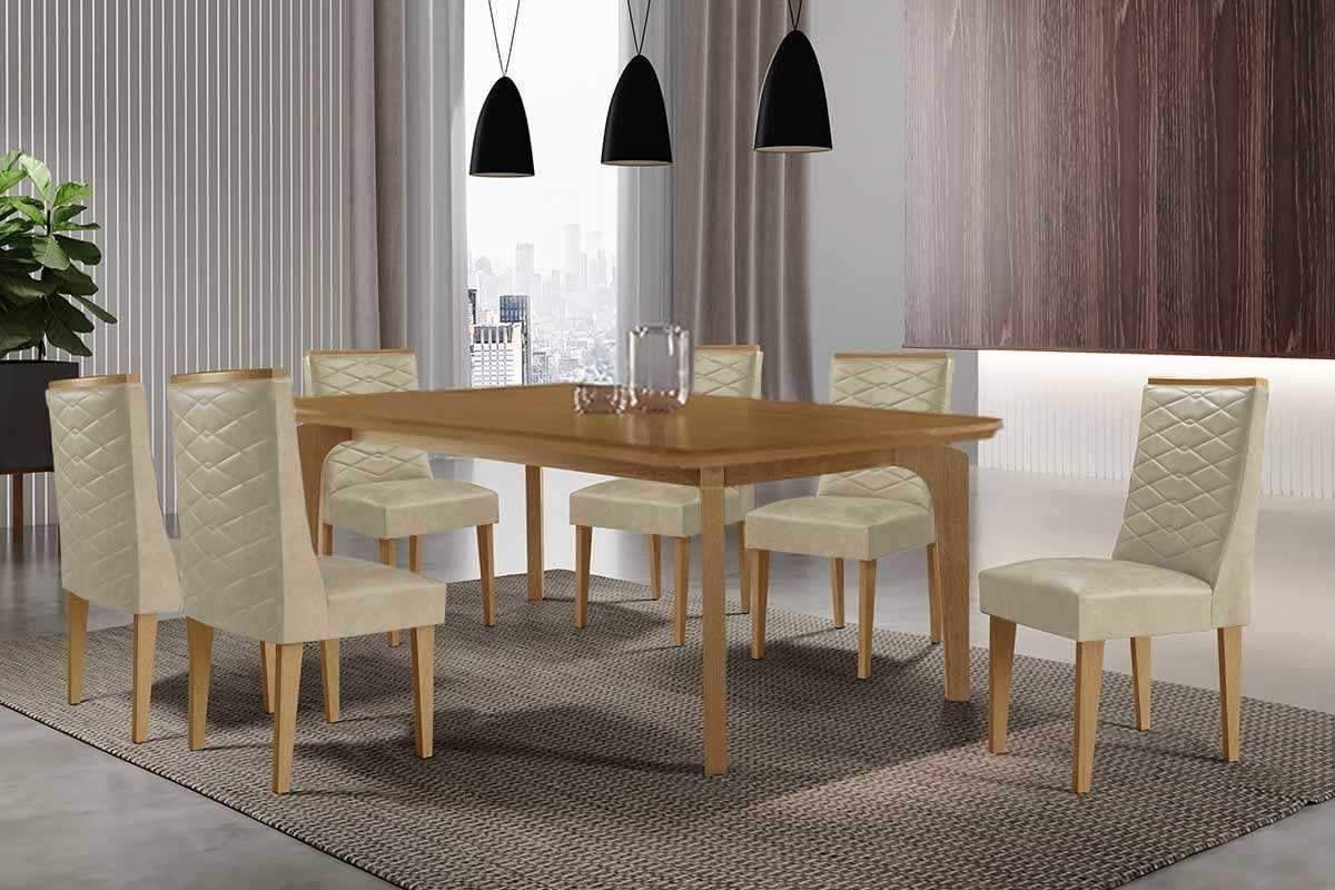 Sala Jantar Mesa Londrina c/ Tampo Madeirado Canto Curvo 180x90cm e 6 Cadeiras Dafne - Rufato
